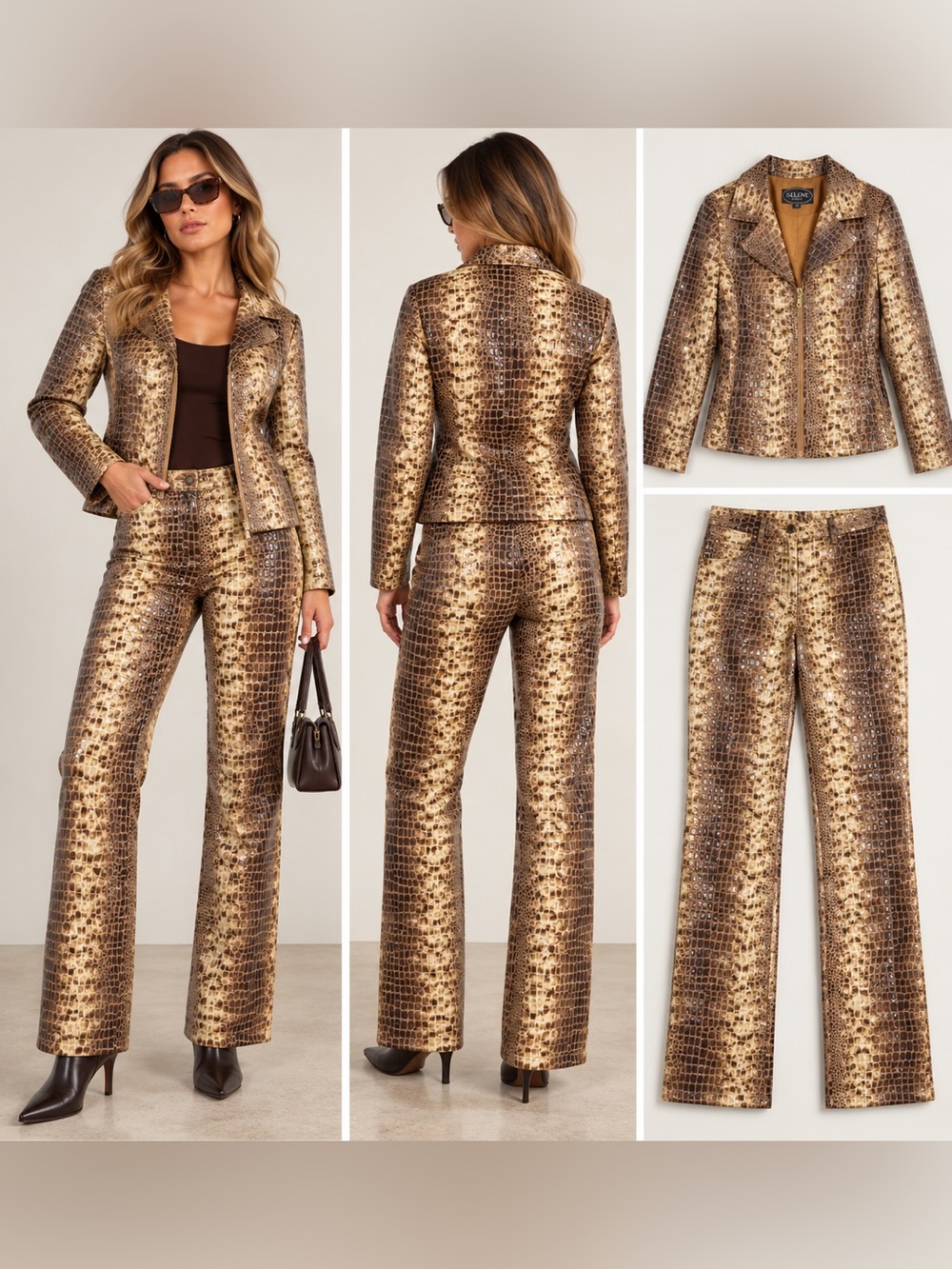 Vintage Y2K Selene Sport 2 Piece Croc Print Jacket Pants Set Brown Size 6